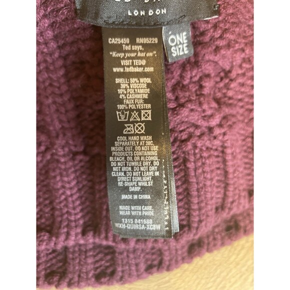 Ted Baker Beanie Hat Knit Wool Blend Pom Pom Purple Burgundy Rose Gold Charm main image 5